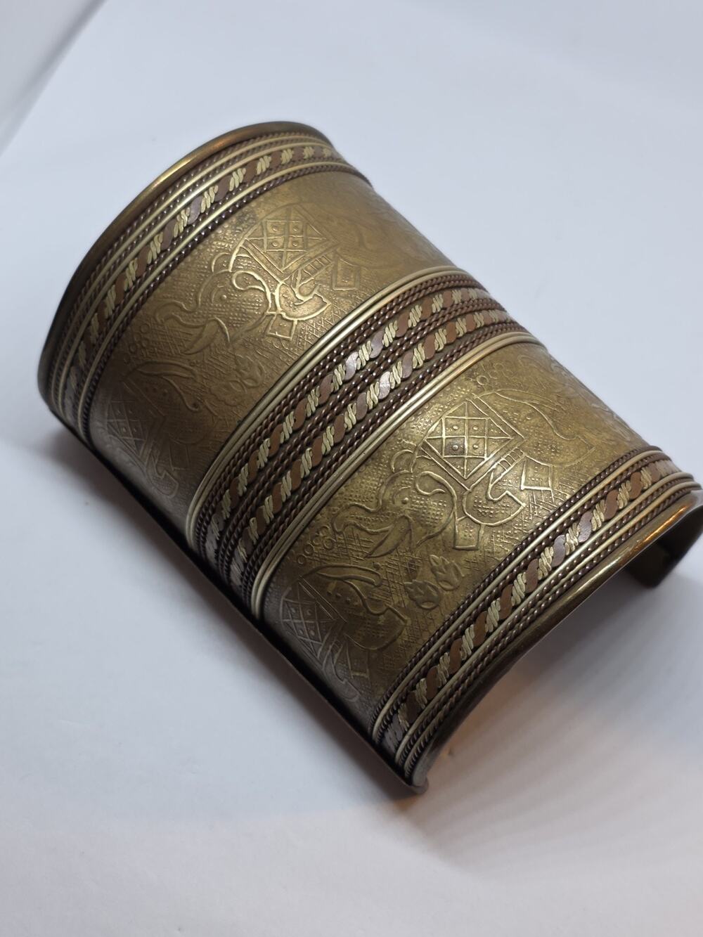 Old Vintage Brass Long Wide Bracelet Cuff Engraved Elephants Adjustable